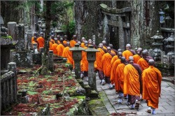 Silent procession (Buddhist monks traverse Okunoin Cemetery, Mount Koya, Wakayama Prefecture, Japan)
