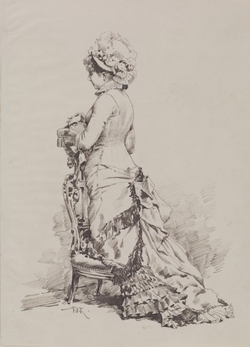 Fashionable Woman at Prayer - Frederik Kaemmerer, 19th CenturyPen and ink on paper, H: 9 13/16 x W: 