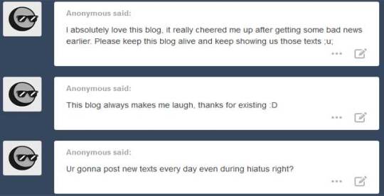 Anon answers under the cut. Sorry to anyone on mobile who has to scroll down this long post!Is… Is this a hate message? Is this what anon hate is?Here’s the deal with suggestions: If your suggestion is vague, like two character names or a general