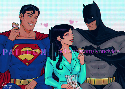 A very sweet patreon request of Lois Lane handing out Love cookies to Superman and Batman for @/kuro