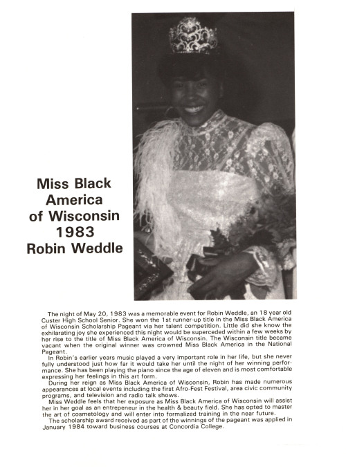 Miss Black America of MilwaukeeIn 1981 and 1984, Vel Phillips was a judge for the Miss Black America