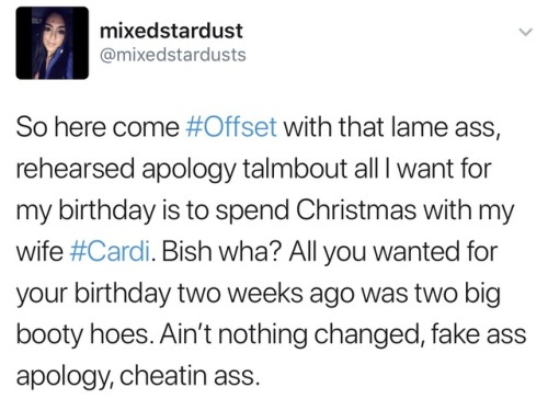 revolutionarykoolaid:  someone come get they mans. offset literally crashed cardi b’s set during rolling loud, and it’s hard to believe some of her people weren’t in on it, because her publicist was the one leading his crusty ass onstage. we are