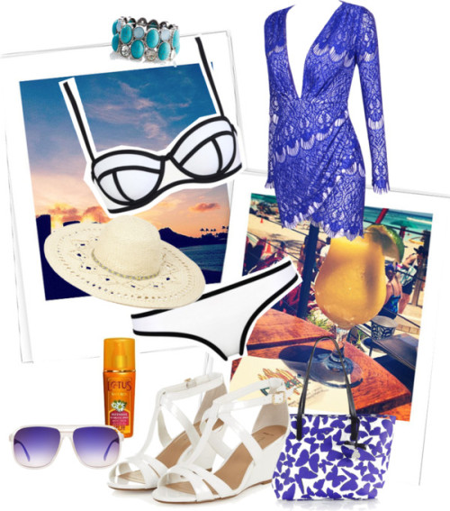 Summer Chic by ethemuse featuring a blue dressPosh Girl blue dress / Bandeau bikini / Wedge sandals,
