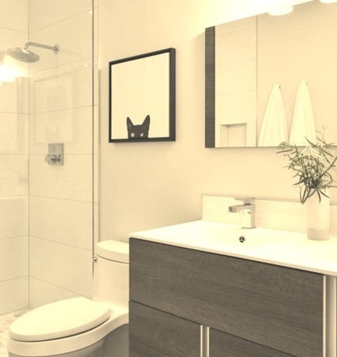 Denver Bathroom 3/4 BathFloating Vanity With Flat-panel Cabinets, Dark Wood Cabinets, An Integrated Sink,