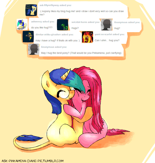 ask-pinkamena-diane-pie:  Pinkamena’s response #4  Yay hugs! :3