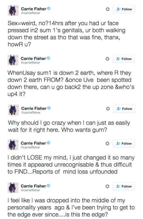 refinery29:  These Carrie Fisher tweets and quotes prove that she was brilliant and crazy in the best way Because Fisher wasn’t just Princess Leia, she was also a tireless advocate for mental health and humanized people with mental disorders. And now