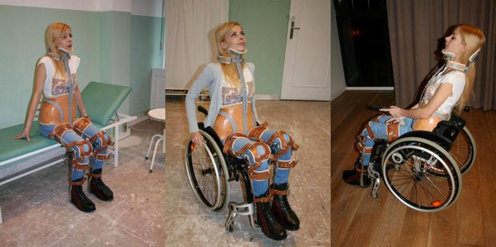 Sexy blonde in wheelchair (pretender) with body cast and braces (Medical Fetish &amp;