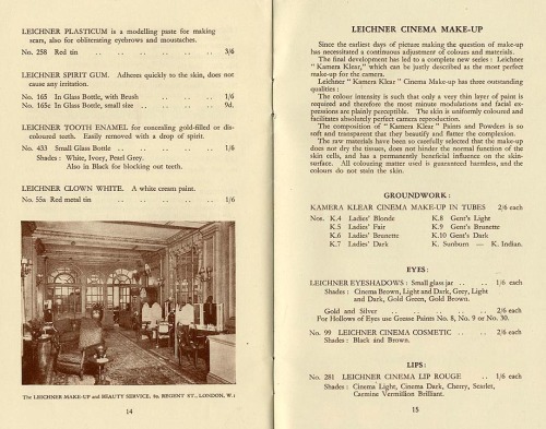 Leichner&rsquo;s catalogue, Make-up for Stage and Screen, 1938. London. Source 