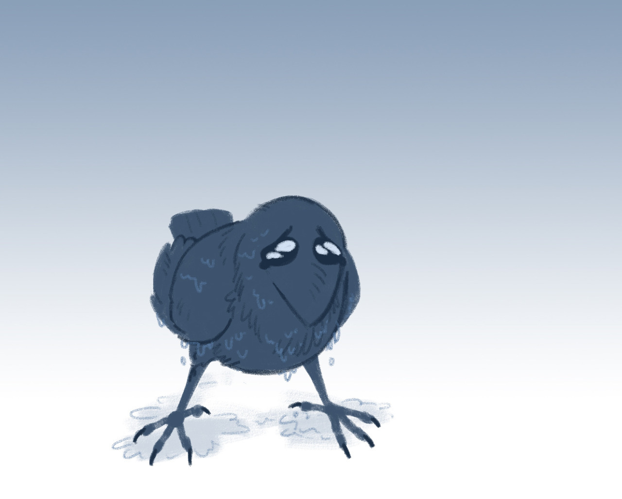 A simplistic single-hued drawing of a raven. His posture his hunched down, making him look very round and also utterly miserable. His eyes are big and shiny and very very sad. He is dripping water and standing in a puddle. One of his legs bears a slight injury.