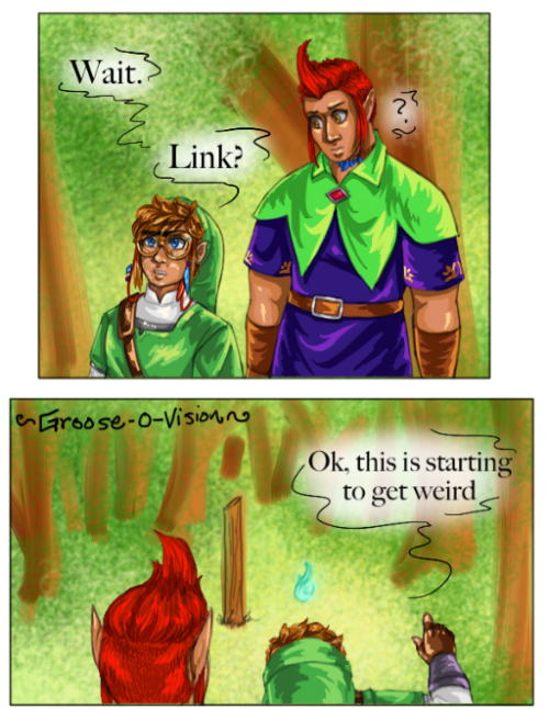 linkedspirit-fanartfunart: [Image Description: A 9 panel comic page for a Legend of Zelda AU comic “