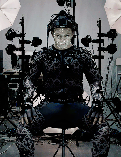 “A previously unpublished photo of Andy Serkis, also sporting mo-cap gear for his portrayal of Supre