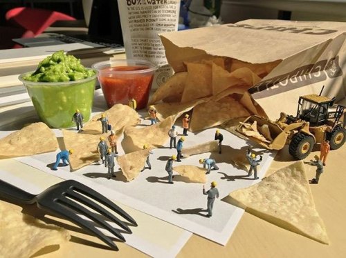 archiemcphee:  The Department of Miniature Marvels just found its newest member: Photographer Derrick Lin, who creates teeny-tiny slice-of-life scenes and recreates iconic works of art at his desk using a wide variety of miniatures, his office supplies