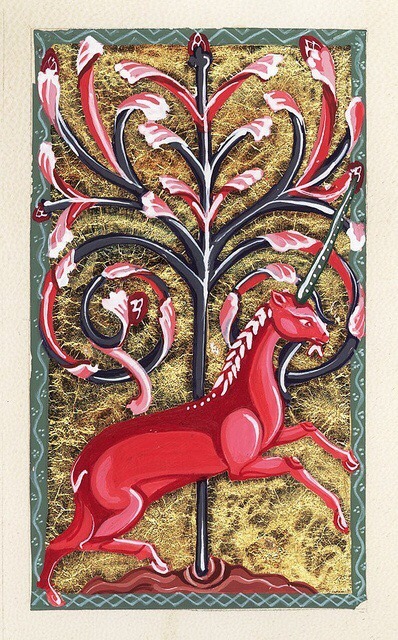 Bestiary unicorn. Artwork based on the Aberdeen Bestiary. Acrylic and composite gold leaf on parchme