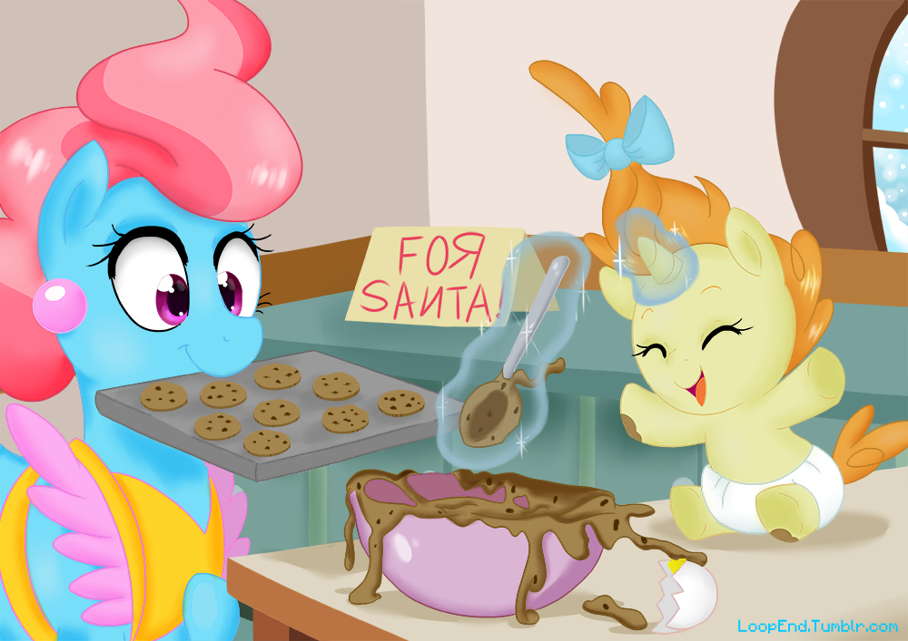 loopend:  Ms. Cake baking cookies for Santa Claus, with the help of a very enthusiastic