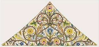 thevintagethimble:Embroidered Linen Forehead ClothEnglish, ca. 1610.  Triangular in shape and lavish