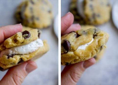 sweetoothgirl:Marshmallow Creme Stuffed Chocolate Chip Cookies