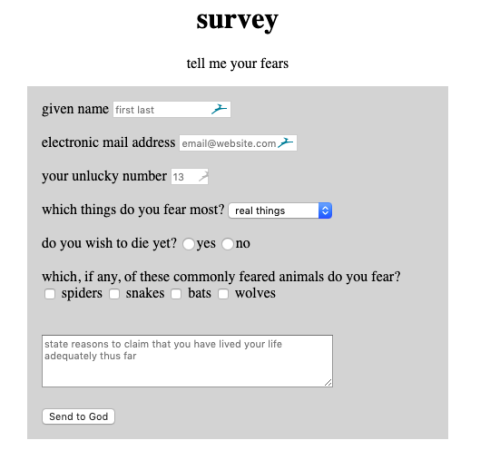 so i was learning html/css earlier this year and i apparently made this lovely little questionnaire 