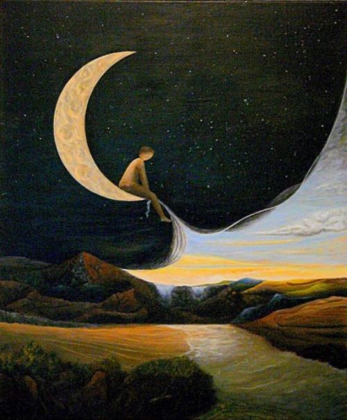 A childhood in the moon. Une enfance dans la lune. By bmoraillon. Boy sitting on moon, pulling up th