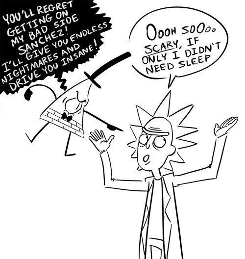 stephreynaart: Some Rick and Morty and Gravity Falls multiverse fun. Rick would see right through Bi