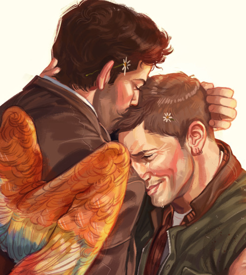 clickbaitcowboy:Oh I know we’ll meet again some sunny day…[Image ID: A painted image of Castiel and 