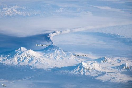 Kliuchevskoi complex from space.A group of active stratovolcanoes in Russia’s far eastern Kamc