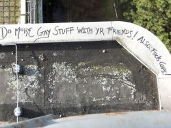 sapphicquotes: [caption: graffiti that reads “do more gay stuff with your friends! also: fuck cops”]