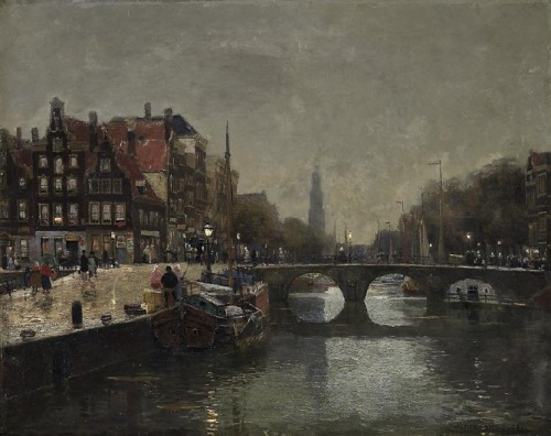 Amsterdam View of Prinsegracht in Moonlight  -  Heinrich Hermanns Dutch-German , 1862