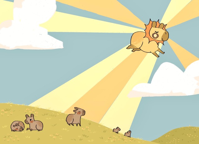 a digital drawing of a sunny hillside dotted with cartoon capybaras all enjoying the sunshine. in the sky, a yellow capybara with a sun corona flies through the sky emitting beams of yellow and orange light. a couple of clouds also dot the sky. end id.