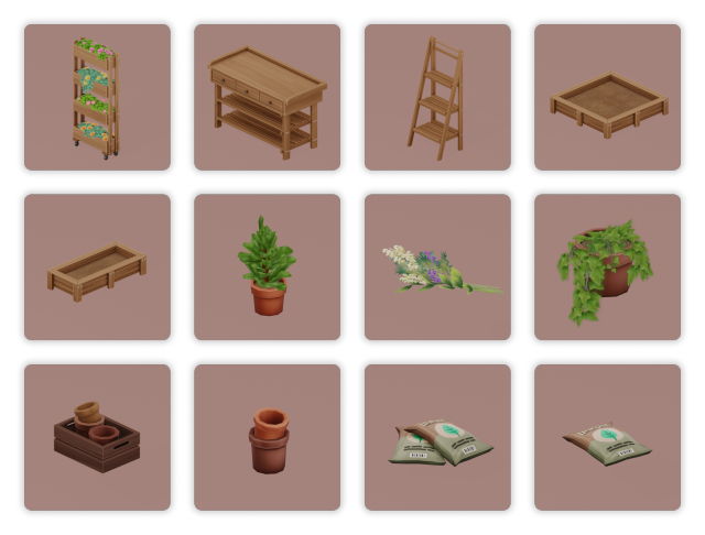 Preview of garden items from the Moonwood Garden The Sims 4 custom content set by myshunosun.