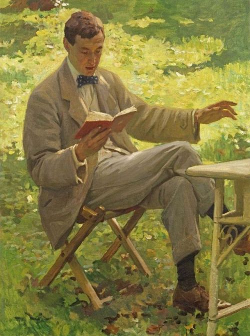 Alfred Munnings Reading Aloud Outside on the Grass (c.1911) by Harold Knight (1874-1961).