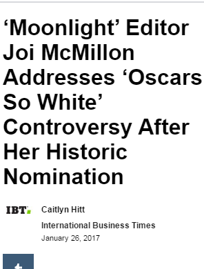 lagonegirl:   Joi McMillon is “extremely honored to be making history” for her debut feature film at the 89th annual Academy Awards. This week, the “Moonlight” co-editor was named among the film’s eight nominations as she was recognized ―