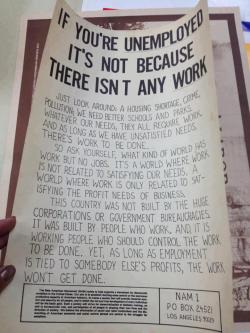unmade-bed-strangledeggs:lovegash:blua:  If you’re unemployed, it’s not because there isn’t any work. Just look around: A housing shortage, crime, pollution; we need better schools and parks. Whatever our needs, they all require work. And as long