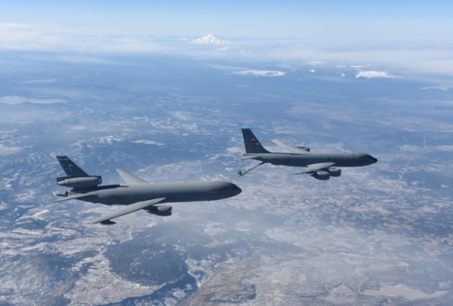 A KC-135 Stratotanker prepares to refuel a KC-10 Extender on December 22, 2016. (USAF/SSgt Bobby Cum