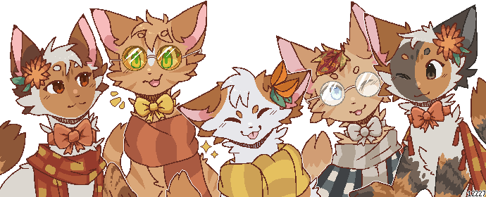 a banner style pixel of all five of my starter cats, they are not animated