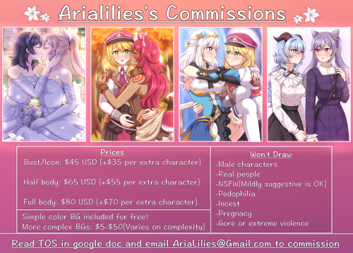 I’m opening commissions!Read my full terms of service here: bit.ly/39DZRQn, and email me at Arialili