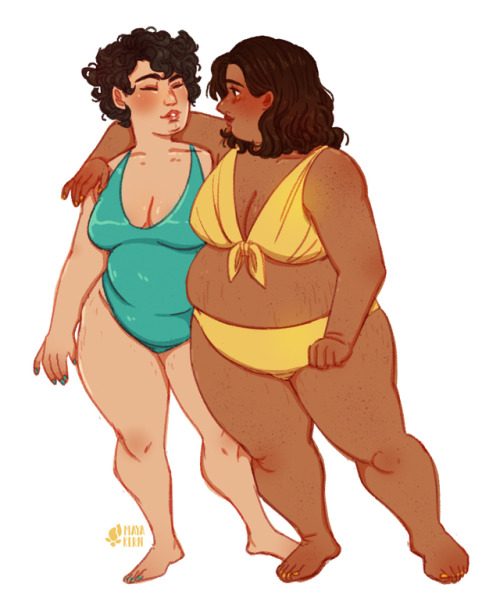 infernallegaycy: mayakern: teal [id: an illustration of two fat women in bathing suits. the first ha