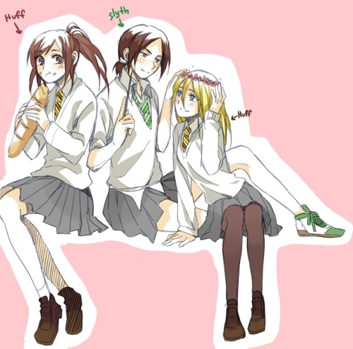 rivailleplz:  ask—rivaille:  most-powerful-soldier:  killthemtitans:  lucky7marco:  reiner—braun:  進撃のホグワーツ by なし   (( oh my gosh I love hp aus. I picture Jean wanting to be in Slyth but ends up being sorted into Gryff and he rages