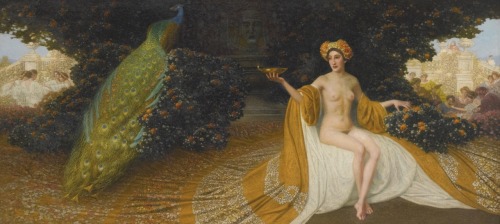 Goddess Iduna and Peacock.1932.Oil on Canvas.88 x 212 cm.Art by Maximilian Lenz.(1860-1948).