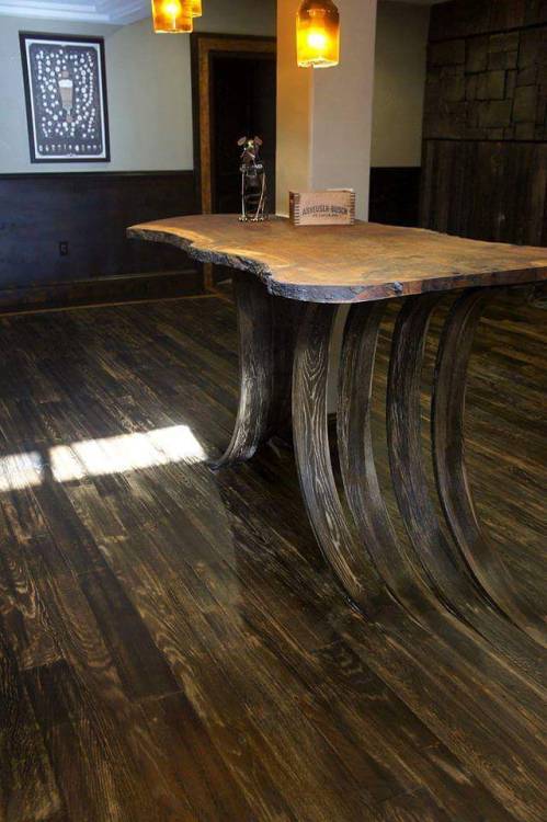 coolthingoftheday:  A table fashioned from the floorboards of a restaurant.