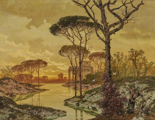 wtxch: Ferdinand Knab (German, 1834–1902)Evening Shore Landscape with an Antique Style Vi