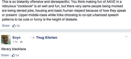 cocoamoon:  takingbackourculture:  Some comments on Thug Kitchen’s Facebook page