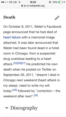 fractvm:  Post for sixpenceee: Ex bassist of Weezer, Mikey Welsh, predicted his own death on his Twitter account two weeks before he died 