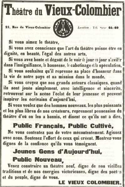 Affiche du Théâtre du Vieux Colombier.