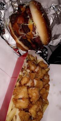 food-porn-diary:Double bacon cheddar cheese burger with chicken tender poutine.  That looks so good, omg