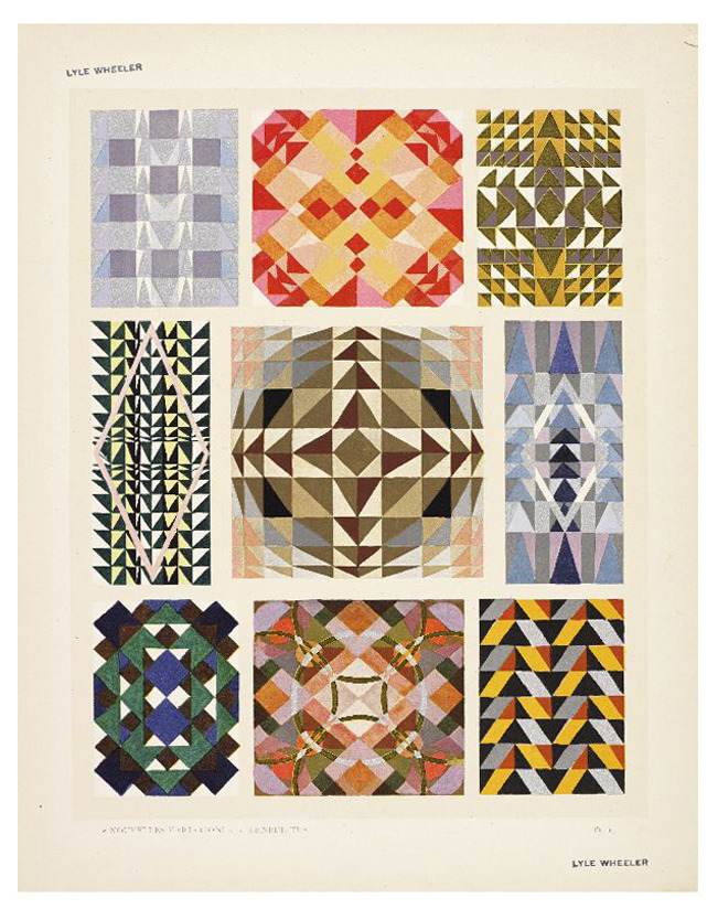 Edouard Benedictus, design variation for decorative arts, 1924. Paris. Nouvelles variations soixante-quinze motifs décoratifs en vingt planches. Published by Albert Lévy, Paris.
The portfolio was obviously owned by Lyle Wheeler, industrial designer...