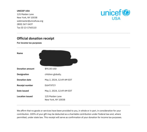 A screenshot of a receipt of a $95 donation to UNICEF.