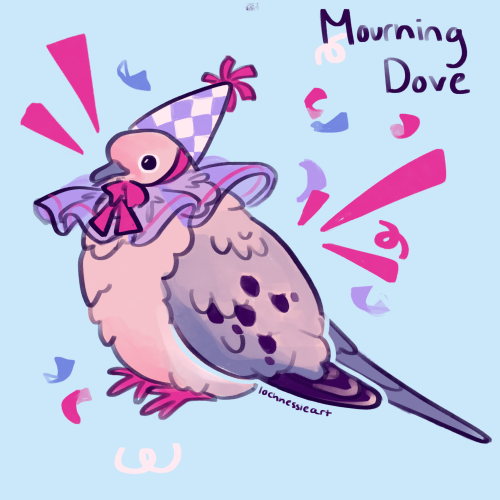 A stylized sketch of a mourning dove wearing a purple and white checkered clown hat and a big purple clown collar