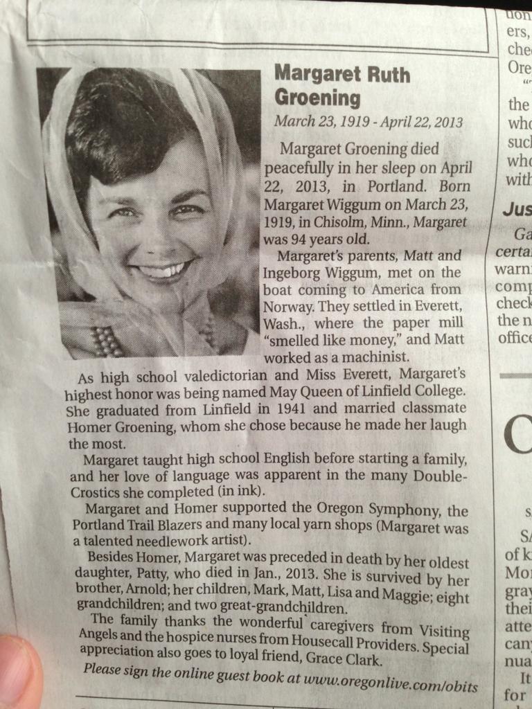A Portland obituary had some recognizable names. Link to obituary. Guestbook if