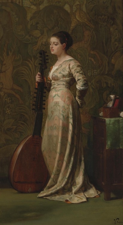 Girl with a lute.1866.Oil on panel.40.6 x 23.5 cm.Art by Elihu Vedder. (1836-1923).