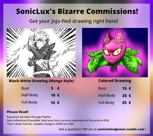 Special commission pricelist! Hey you! Yes you! Do you like Jojo? Do you like its menacing art style